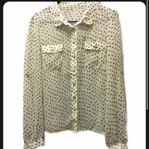 Iris Los Angeles Sheer Blouse Cream/Ivory Black Dot Button Up Size Large NO TAGS